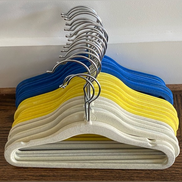 20 Kids velvet  hangers: blue, yellow & khaki. From Container Store & Amazon. - Picture 1 of 6
